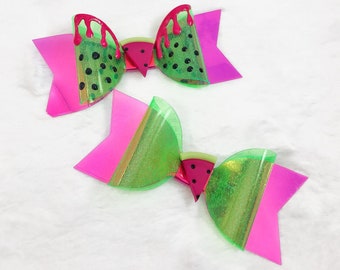 Watermelon Hair Bow - Holographic Hair Accessories - Iridescent Fabric - Holographic Vinyl - Holographic Glitter - Rave Outfit - Kawaii -