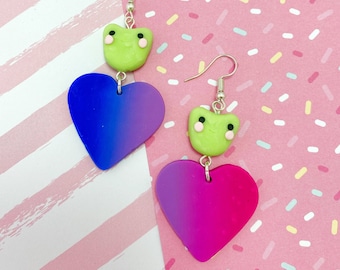 Bisexual Frog Earrings - Subtle Pride Earrings - Cottage Core - Frog Lover Gift - Heart Earrings - Glow In The Dark - Bi Pride Heart - Cute