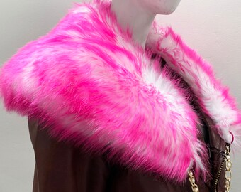 Hot Pink Candy Faux Fur Collar with Pearl Chain Accent