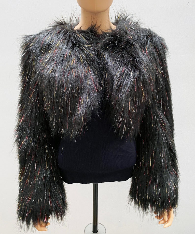 Black Rainbow Tinsel Faux Fur Bolero Jacket