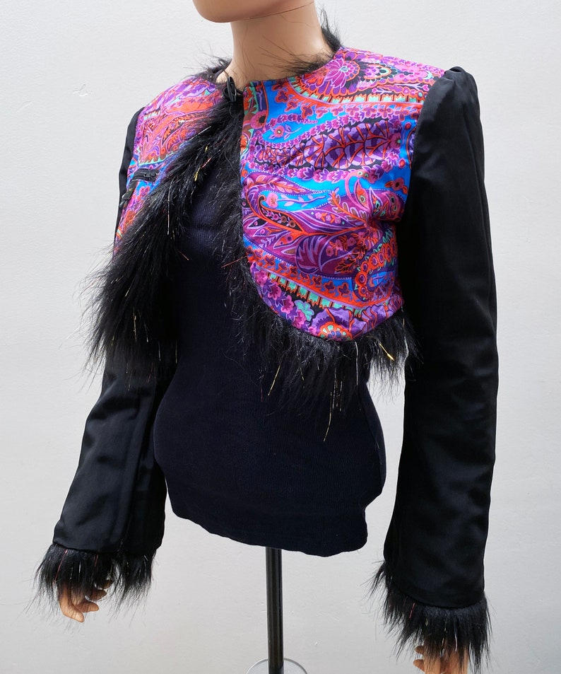 Black Rainbow Tinsel Faux Fur Bolero Jacket