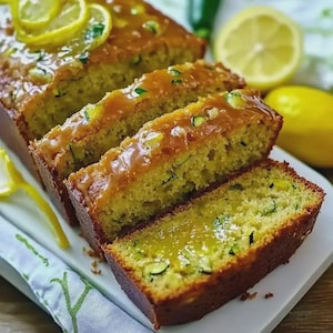 May include: A sliced loaf of lemon zucchini bread with a glossy glaze, garnished with lemon slices. The bread has a golden-yellow color with visible zucchini pieces. The image also includes a whole lemon and a patterned cloth.