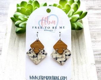 Petite Kya Chevron Earrings | Wood Diamond with Chevron Cork Leather