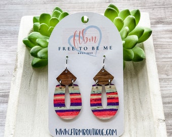 Piper Genuine Leather Earrings | Wood Fan Shape with Colorful Cork Leather