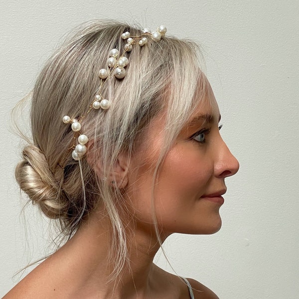 The Scottie - Oversized modern pearl wedding halo headpiece on gold plated wire, bridal hair vine, wedding hair piece headband,  headband