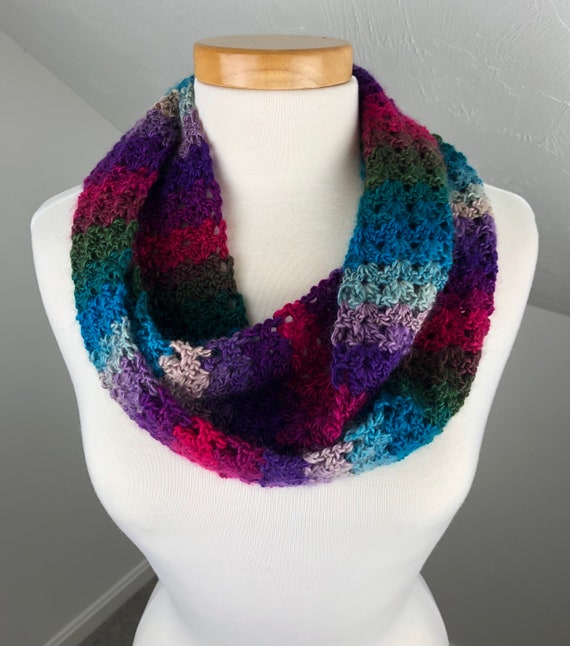 Crochet Infinity Scarf Pink, Purple, Green and Blue - Etsy display picture 3