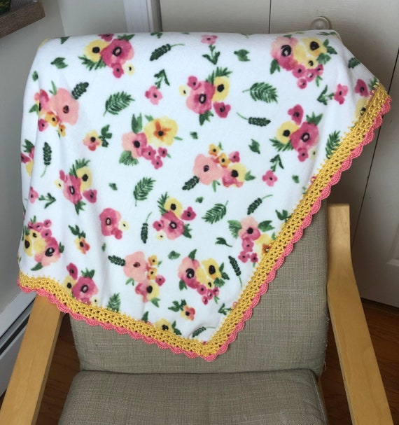 Fleece Baby Blanket With Crochet Border Pink and Yellow Flowers Etsy