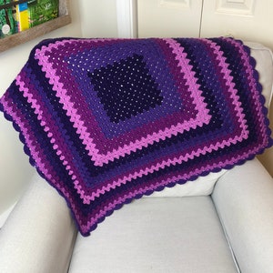 Crochet Purple Granny Square Baby Blanket with Scalloped Border