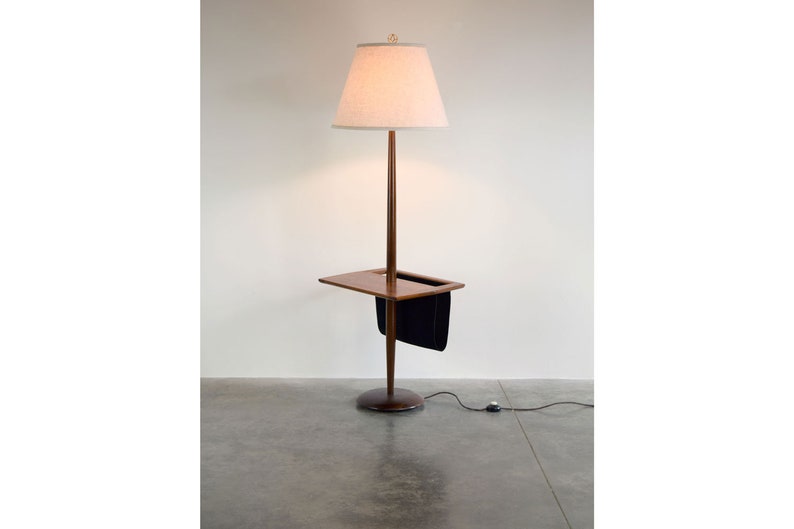 Mid Century Walnut Laurel Floor Lamp With Table And Suede Storage Sling
