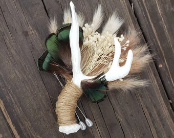 Antler Boutonniere With Dried Babysbreath, Pampas Grass & Green Lady Amherst Feathers, Buttonhole, Lapel, Twine, Faux, Resin, Taxidermy