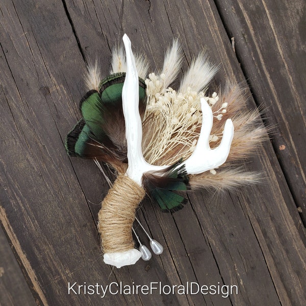Antler Boutonniere With Dried Babysbreath, Pampas Grass & Green Lady Amherst Feathers, Buttonhole, Lapel, Twine, Faux, Resin, Taxidermy