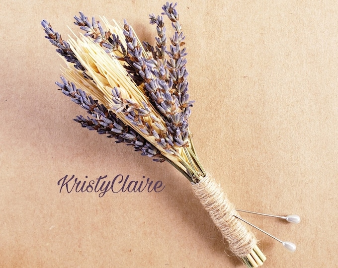 Lavender and Wheat Boutonniere, Buttonhole, Lapel,  Pin-on, Corsage