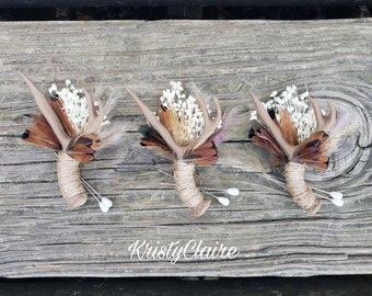 Beige Faux Antler Boutonniere with Dried Babysbreath, Pampas Grass & Pheasant Feathers, Buttonhole, Lapel, Resin, Pin-on, Corsage, Taxidermy