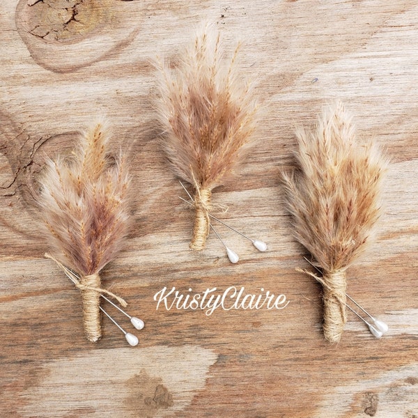 Pampas Grass Wedding Boutonniere, Lapel, Pin-on, Corsage, Buttonhole, Groom, Groomsmen, Wedding Party, Gift, Natural, Dryed, Preserve