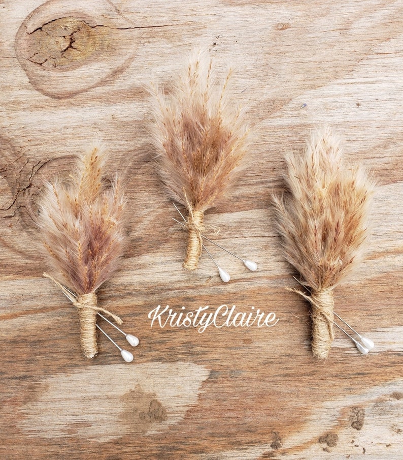 Pampas Grass Wedding Boutonniere, Lapel, Pin-on, Corsage, Buttonhole, Groom, Groomsmen, Wedding Party, Gift, Natural, Dried, Preserved 