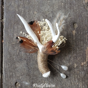 Antler Boutonniere W/ Dried Babysbreath, Pampas Grass & Pheasant Feathers, Buttonhole, Lapel, Twine, Faux, Resin, Pin-on, Corsage, Taxidermy image 1