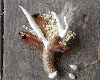 Antler Boutonniere W/ Dried Babysbreath, Pampas Grass & Pheasant Feathers, Buttonhole, Lapel, Twine, Faux, Resin, Pin-on, Corsage, Taxidermy