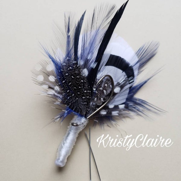 Navy Blue, Grey, White, Black, Fishing Boutonniere, Buttonhole, Lapel, Pin-on, Corsage