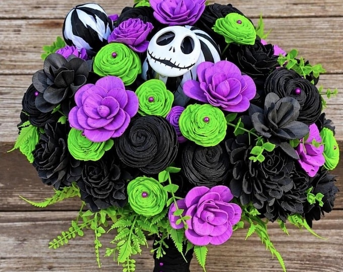 Halloween Wedding Bouquet & Boutonniere, Gothic Bridal Bouquet, Black Purple Green Skeleton, Nightmare Skellington, Spooky Wedding