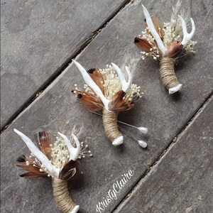 Antler Boutonniere W/ Dried Babysbreath, Pampas Grass & Pheasant Feathers, Buttonhole, Lapel, Twine, Faux, Resin, Pin-on, Corsage, Taxidermy image 3