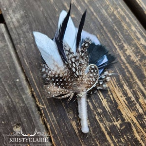 boutonniere with fishing lure Fishing Boutonniere, White, Black, Silver Feathers, Buttonhole, Lapel,  Pin-on, Corsage, Wedding, Event, Groom, Prom, Dance, Party, Gift