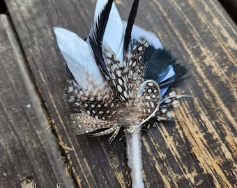 Fishing Boutonniere, White, Black, Silver Feathers, Buttonhole, lapel, Pin-on, Corsage, Wedding, Event, Groom, Prom, Dance, Party, Gift