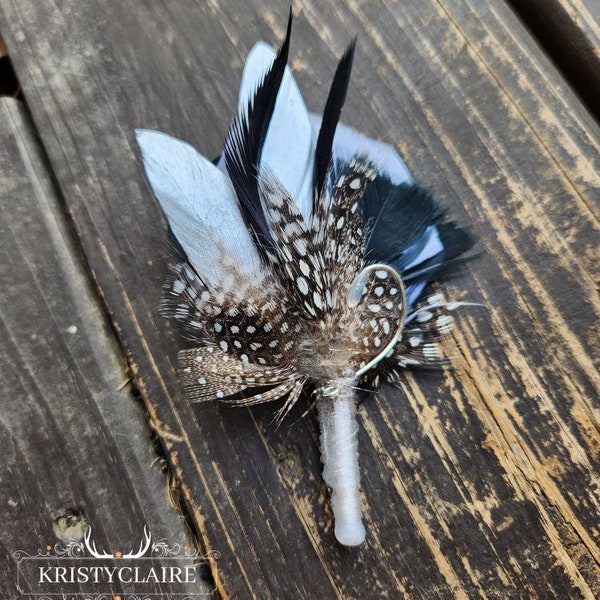Fishing Boutonniere, White, Black, Silver Feathers, Buttonhole, lapel, Pin-on, Corsage, Wedding, Event, Groom, Prom, Dance, Party, Gift