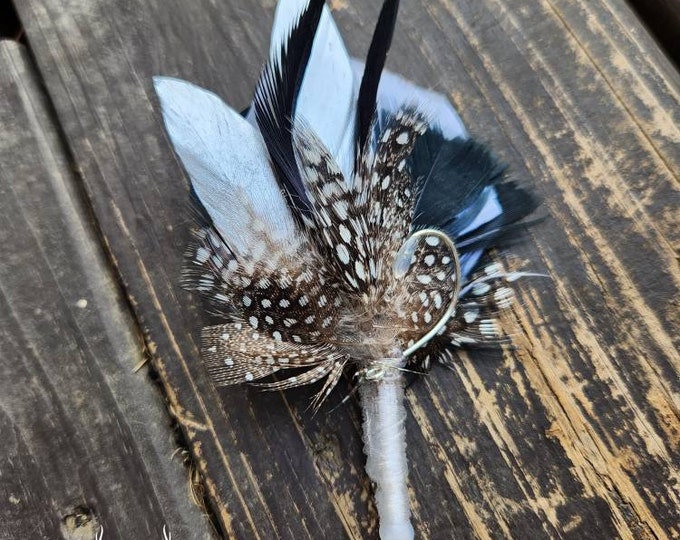 Fishing Boutonniere, White, Black, Silver Feathers, Buttonhole, lapel, Pin-on, Corsage, Wedding, Event, Groom, Prom, Dance, Party, Gift