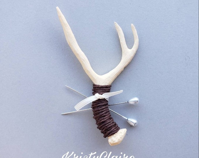 Ivory Antler Boutonniere with Brown Twine, Faux, Pin-on, Lapel, Buttonhole, Mini Antler, Taxidermy