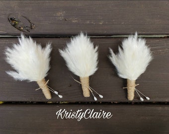 White Pampas Grass Wedding Boutonniere, Lapel, Pin-on, Corsage, Buttonhole, Groom, Groomsmen, Wedding Party, Gift, Natural, Dried, Preserved