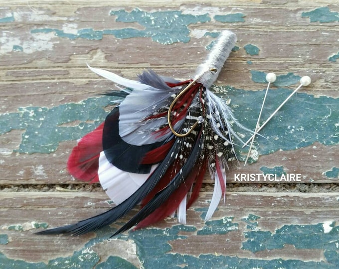 Burgandy, Grey, White, Black, Fishing Boutonniere, Buttonhole, Lapel, Pin-on, Corsage