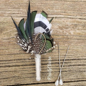 Hunter Green, Fishing Boutonniere, White, Black, Gray, Green, Emerald, Feathers, Buttonhole, lapel, Pin-on, Corsage, Prom, Wedding, Event image 3