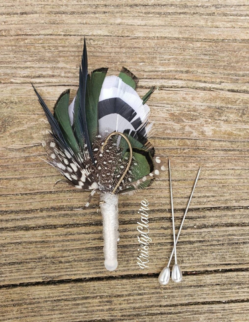 Hunter Green, Fishing Boutonniere, White, Black, Gray, Green, Emerald, Feathers, Buttonhole, lapel, Pin-on, Corsage, Prom, Wedding, Event image 3