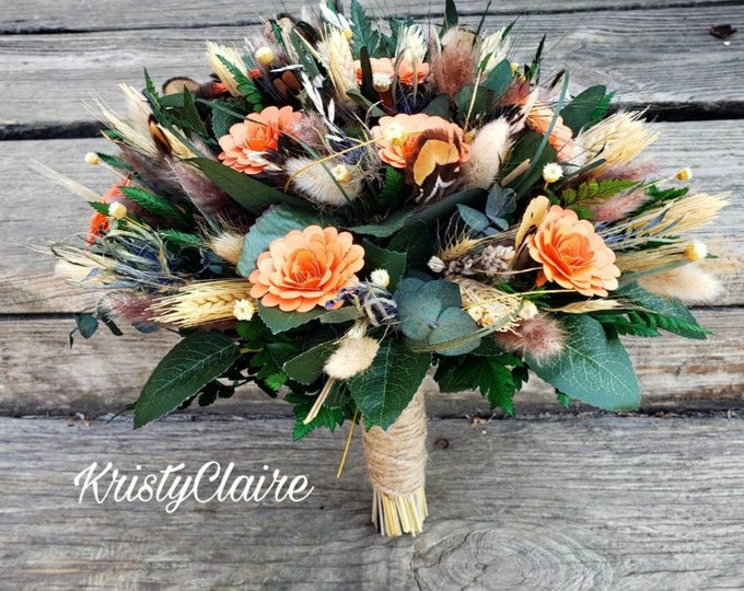 Orange Paper Flower Bridal Bouquet, Wildflower, Dried, Preserved, Rustic, Country, Outdoorsy, Barn, Fishing, Wedding Bouquet