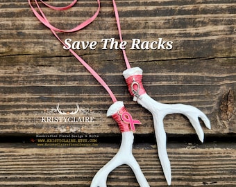 Breast Cancer Rear View Mirror Antler Accessories, Save The Rack Charm, Decoration, Hanger, Faux Antlers, Pink, White