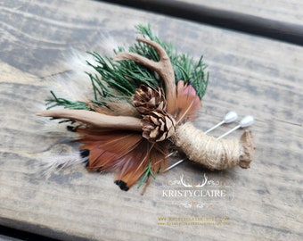 Beige Antler Boutonniere with Preserved Cedar, Pampas Grass, Pheasant Feathers & PineCones, Buttonhole, Lapel, Twine, Faux, Resin, Taxidermy