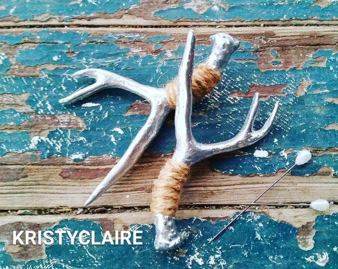 Silver Antler Boutonniere, Buttonhole, Lapel, Faux, Pin-on, Corsage, Mini Antler, Taxidermy