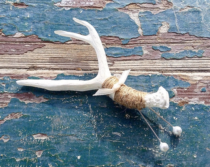 Antler Boutonniere, Buttonhole, Lapel, Twine, Faux, Resin, pin-on, Corsage, Mini Antler, Taxidermy