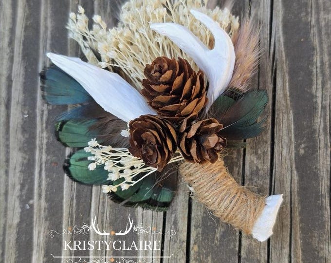 Antler Boutonniere with Dried Babysbreath, Pampas Grass,  Green Lady Amherst Feathers & PineCones, Buttonhole, Lapel, Faux, Resin, Taxidermy