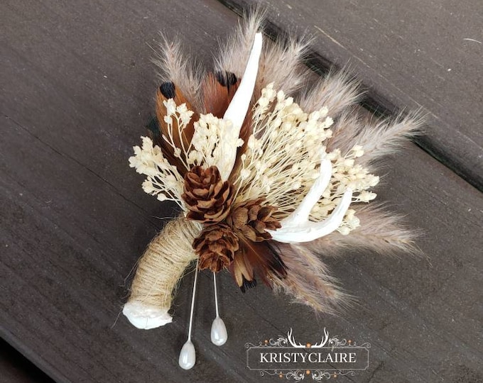 Antler Boutonniere with Dried Babysbreath, Pampas Grass,  Pheasant Feathers & PineCones, Buttonhole, Lapel, Twine, Faux, Resin, Taxidermy