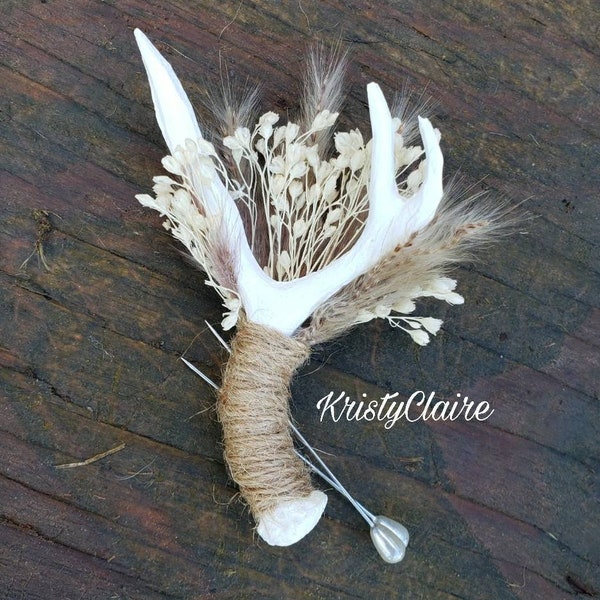 Antler Boutonniere W/ Dried Babysbreath and Pampas Grass, Buttonhole, Lapel, Twine, Faux, Resin, Pin-on, Corsage, Taxidermy