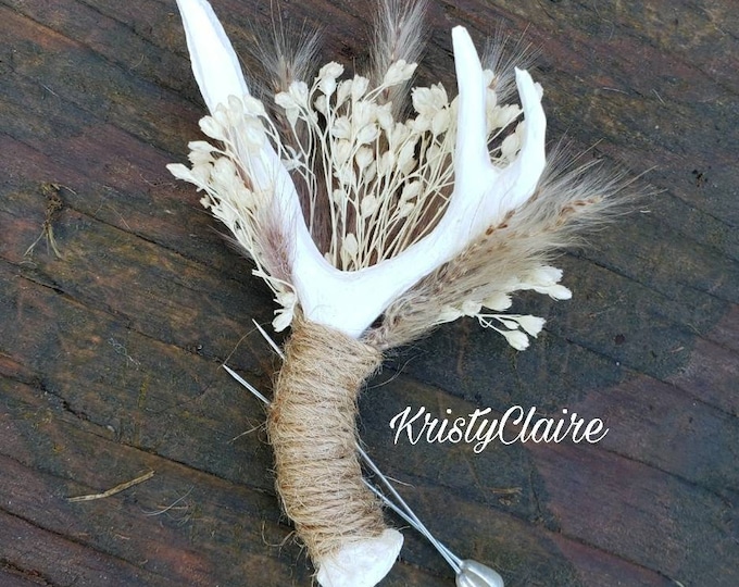 Antler Boutonniere W/ Dried Babysbreath and Pampas Grass, Buttonhole, Lapel, Twine, Faux, Resin, Pin-on, Corsage, Taxidermy