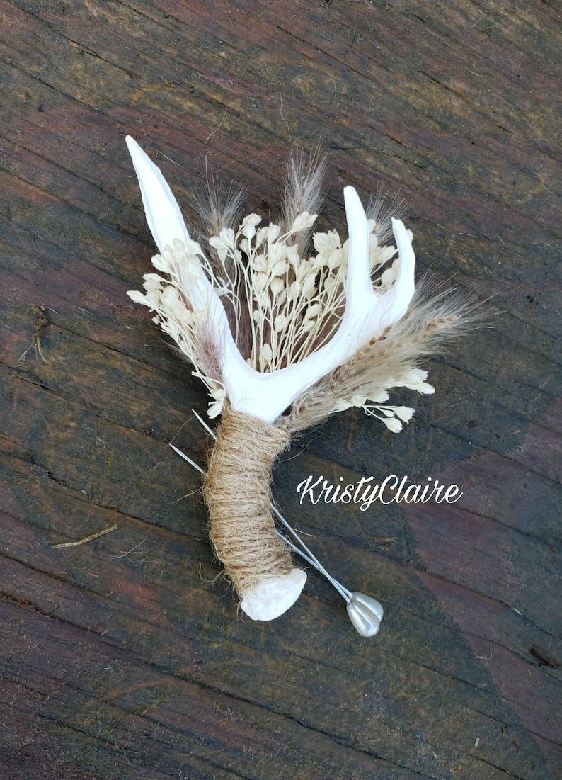 Antler Boutonniere W/ Dried Babysbreath and Pampas Grass, Buttonhole, Lapel, Twine, Faux, Resin, Pin-on, Corsage, Taxidermy 