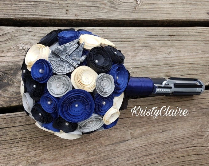 Star Wars Inspired Bridal Bouquet, Lightsaber Bouquet, Starwars Bouquet, Blue, Cream, Black, Silver, PaperFlowers