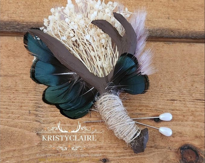 Antler Boutonniere, Brown, Pampas Grass, Green Feather, Rustic Wedding, Faux Antler, Hunting, Camo, Pheasant