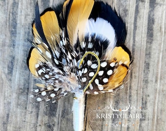 Yellow, Golden Pheasant Feather, Fishing Boutonniere, White, Black, Buttonhole, lapel, Pin-on, Corsage, Prom, Wedding