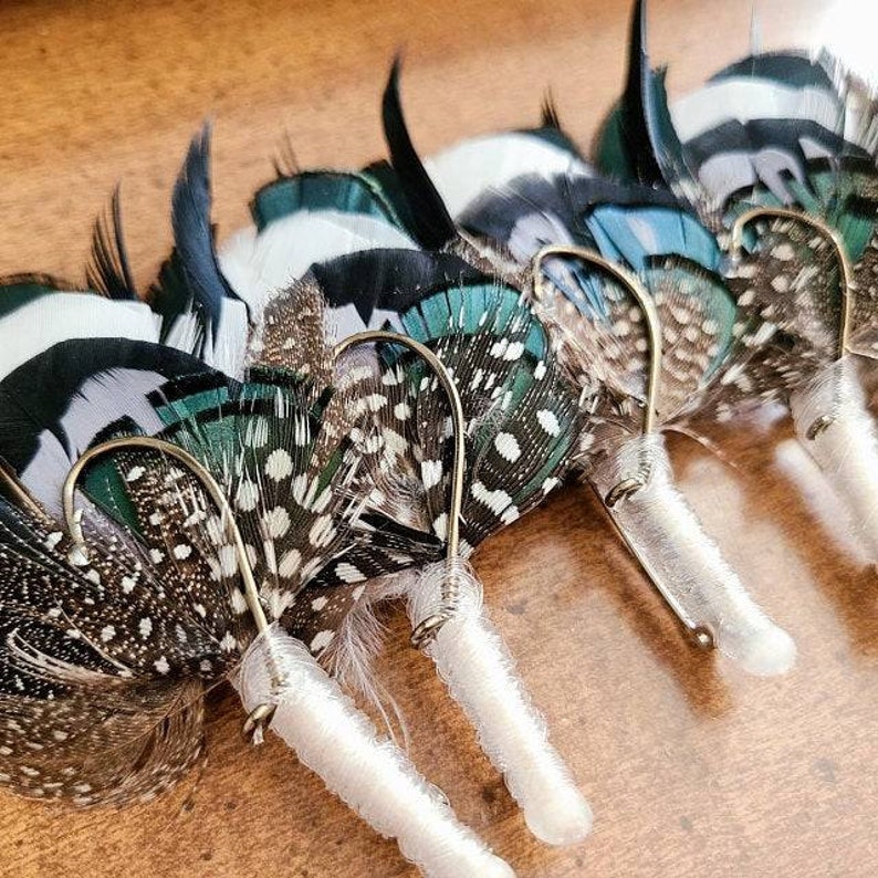 Hunter Green, Fishing Boutonniere, White, Black, Gray, Green, Emerald, Feathers, Buttonhole, lapel, Pin-on, Corsage, Prom, Wedding, Event image 6