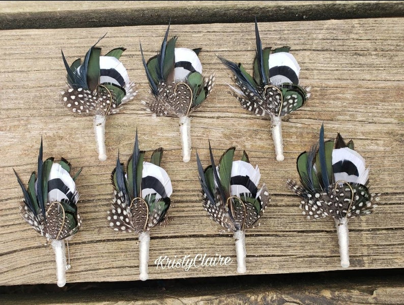 Hunter Green, Fishing Boutonniere, White, Black, Gray, Green, Emerald, Feathers, Buttonhole, lapel, Pin-on, Corsage, Prom, Wedding, Event image 4