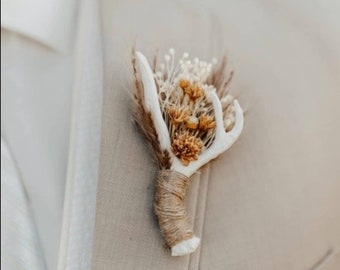 Antler Boutonniere With Dried Babysbreath, Daisy Buds, and Pampas Grass, Rust, Buttonhole, Lapel, Twine, Faux, Resin, Corsage, Taxidermy