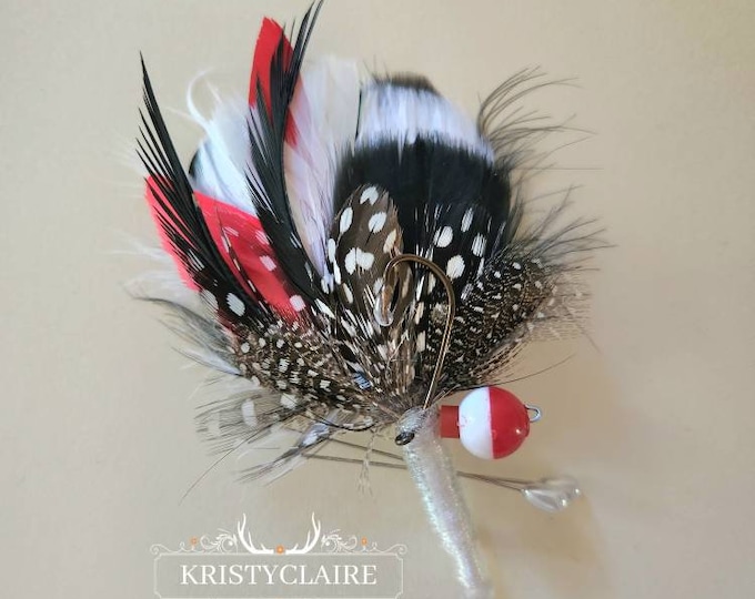 Fishing Boutonniere, Red, White, Black, Feathers